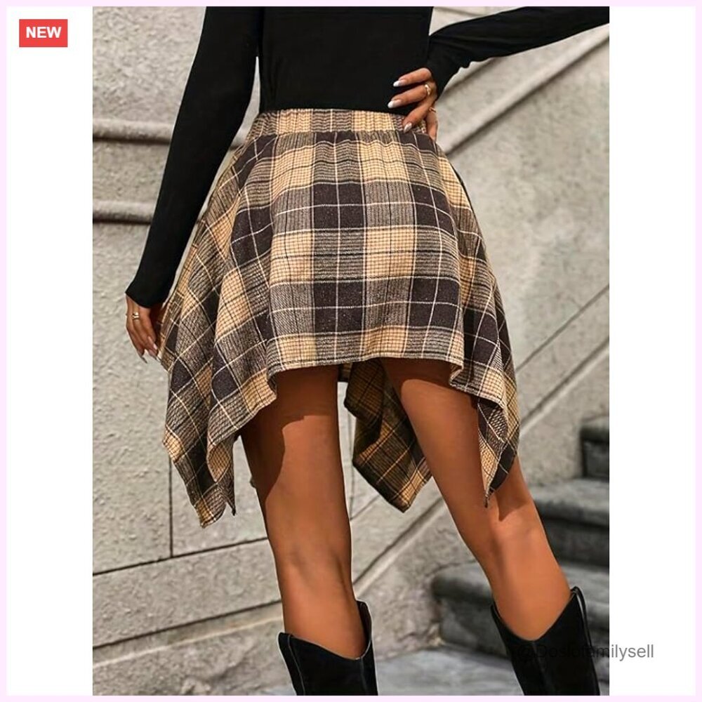 High Waisted Asymmetrical Hem Plaid Mini Skirt Elastic Waist A-Line Flared - Picture 3 of 4